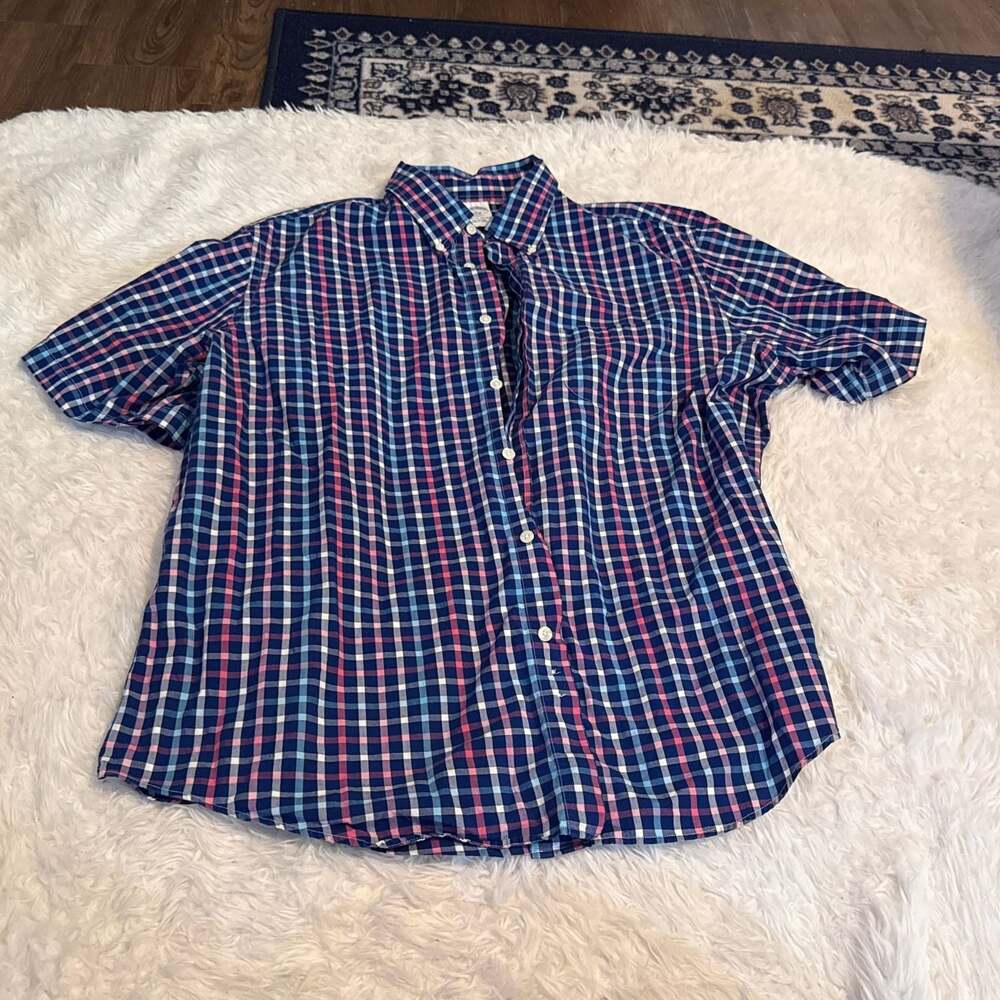 Brooks Brothers Stripped Short Sleeve Button Down Red, Pink, White, and Blue XL